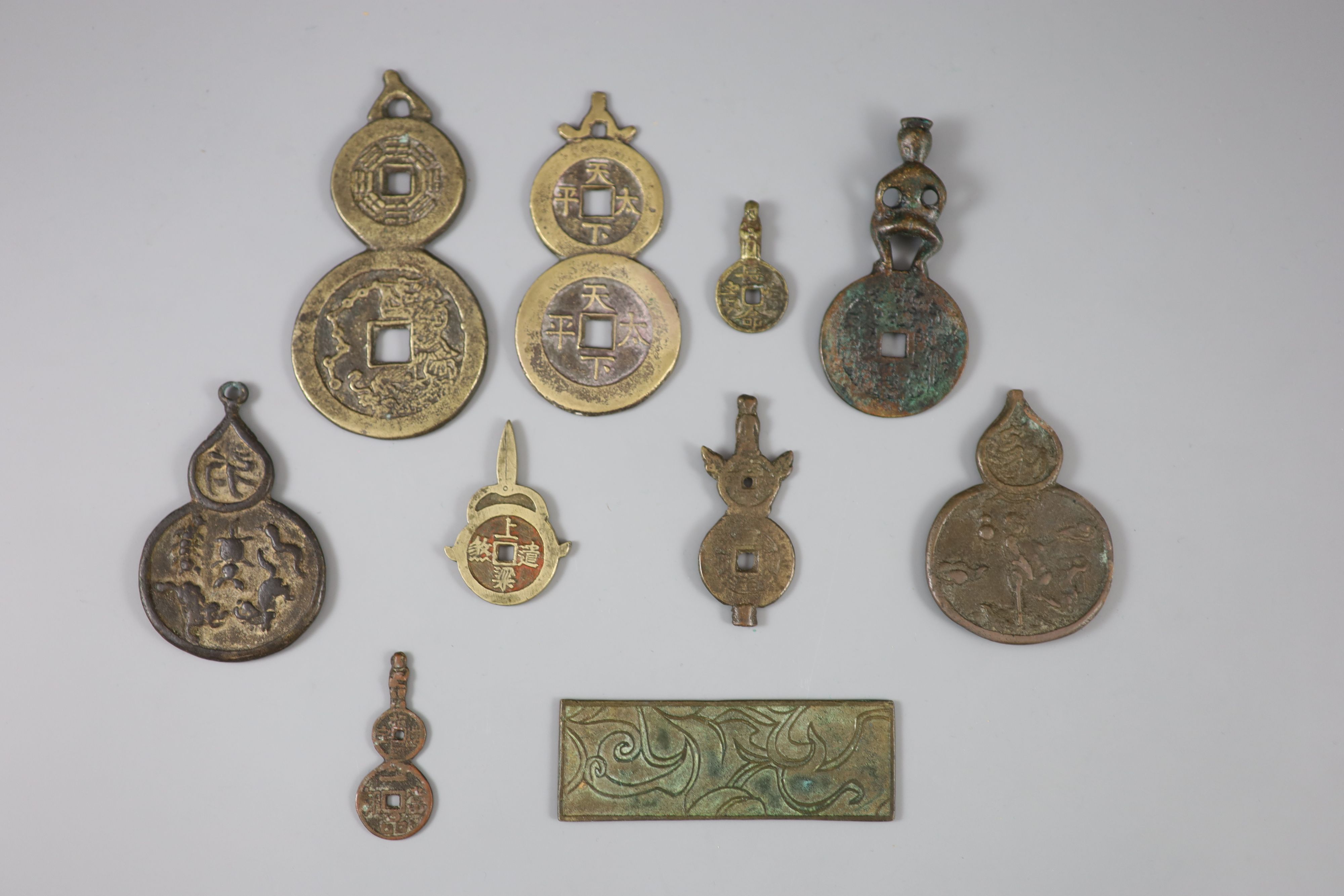 China, 10 bronze charms or amulets, Qing dynasty-Republic period,